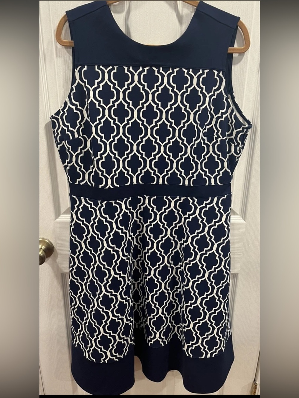 Lands' End Women's Navy White Geometric Fit & Flare Dress Sleeveless Size 16 EUC
